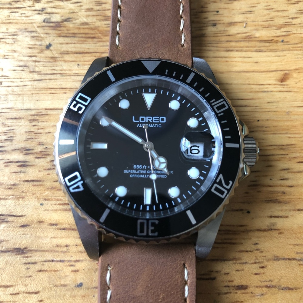 New Brown Leather Strap Watch with Black Dial and Rotating Bezel by Loreo